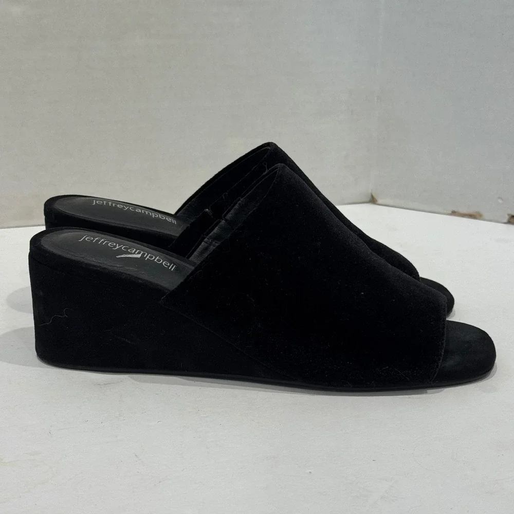 Jeffrey Campbell Willow Wedge Sandals Womens 7 Black Velvet Open Toe Slides 90s